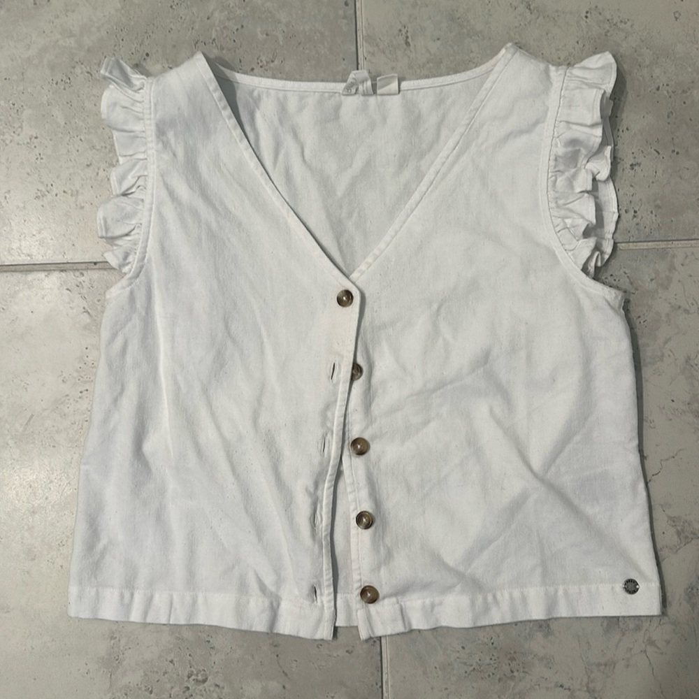 Roxy White Ruffled Sleeve Tank Top